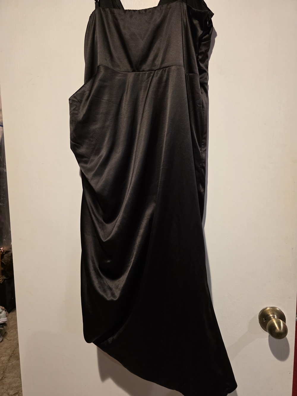 Black Satin Draped Midi Slip Dress with Side Rosette - Picture 2 of 6